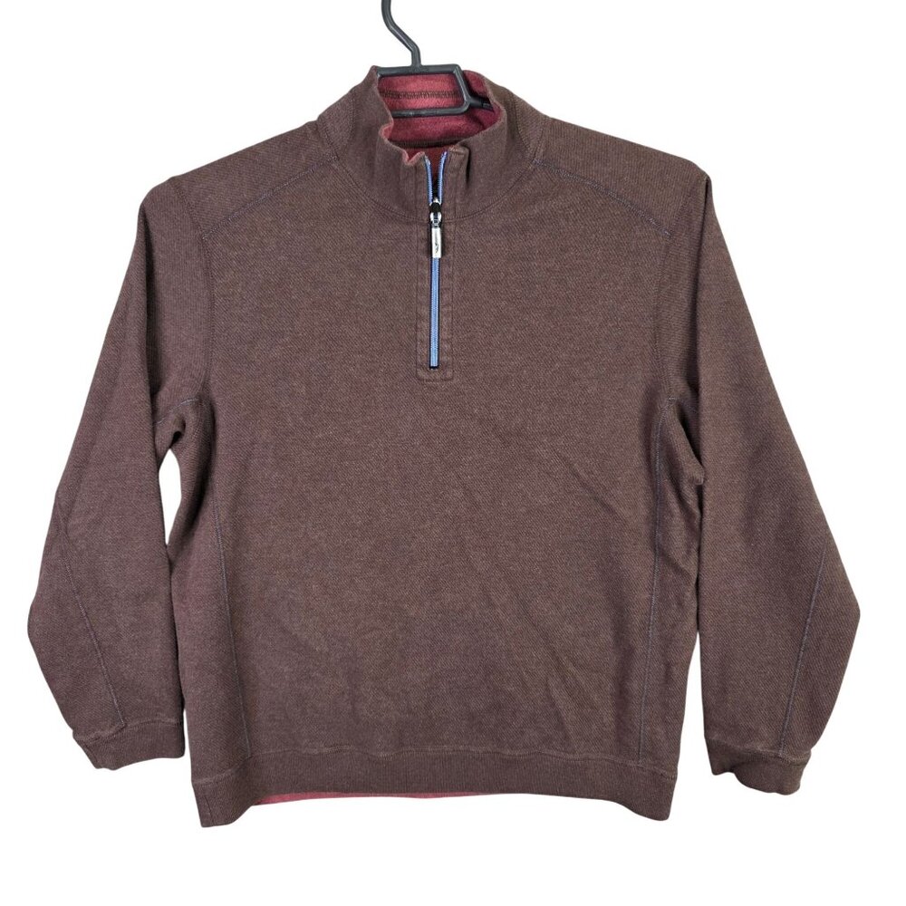 Mens Tommy Bahama Brown Red Reversible Pullover Sweater 1/4 Zip 100% Cotton L